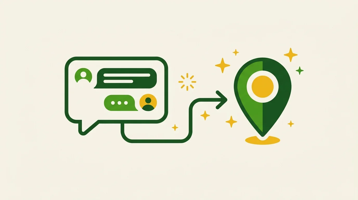 AI chat assistant recommending a local business, shown as a map location pin