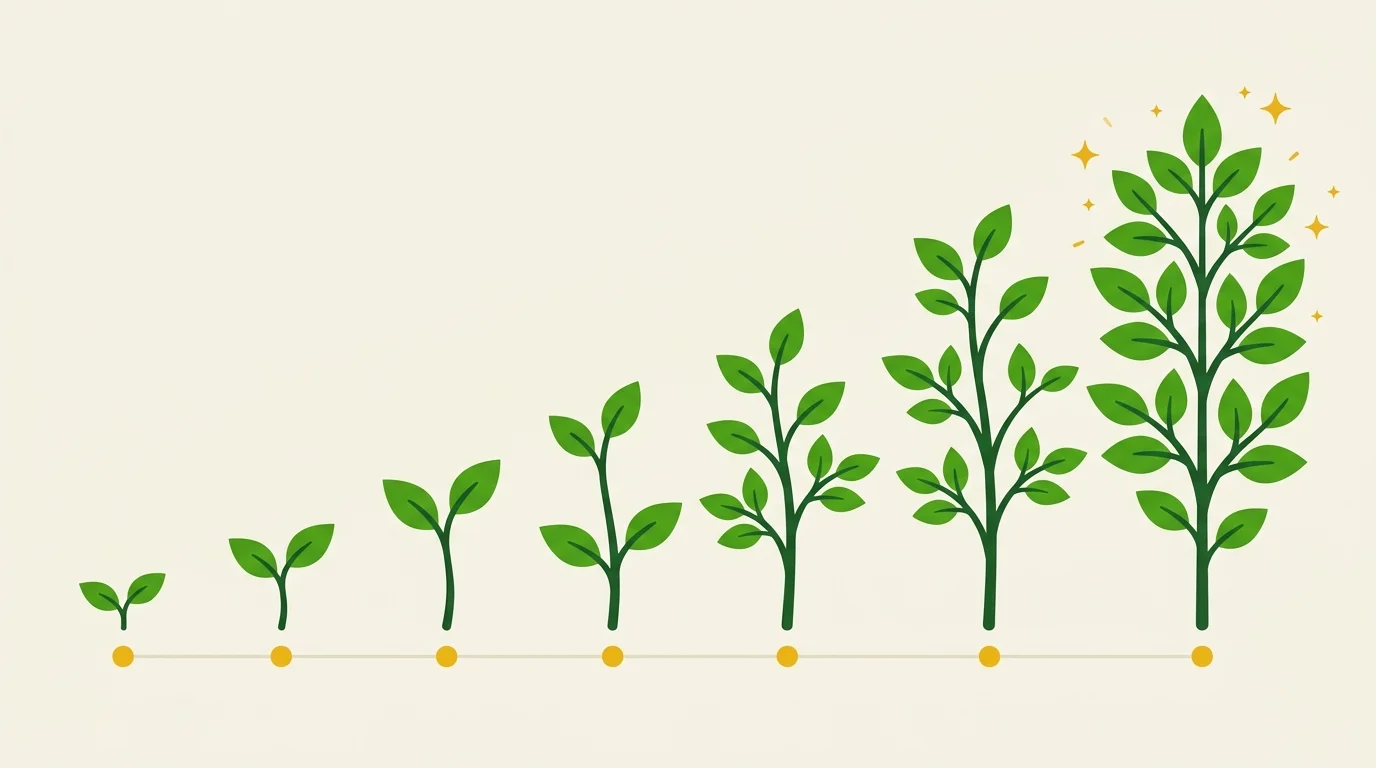 Seven growing plants on a timeline showing SEO results building month by month