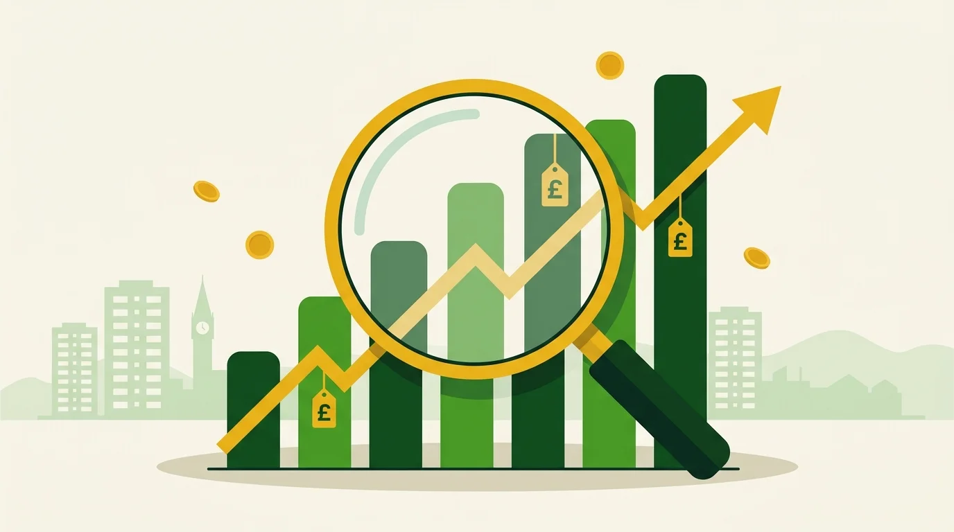 Magnifying glass examining a rising bar chart with pound price tags, illustrating SEO costs in Sheffield