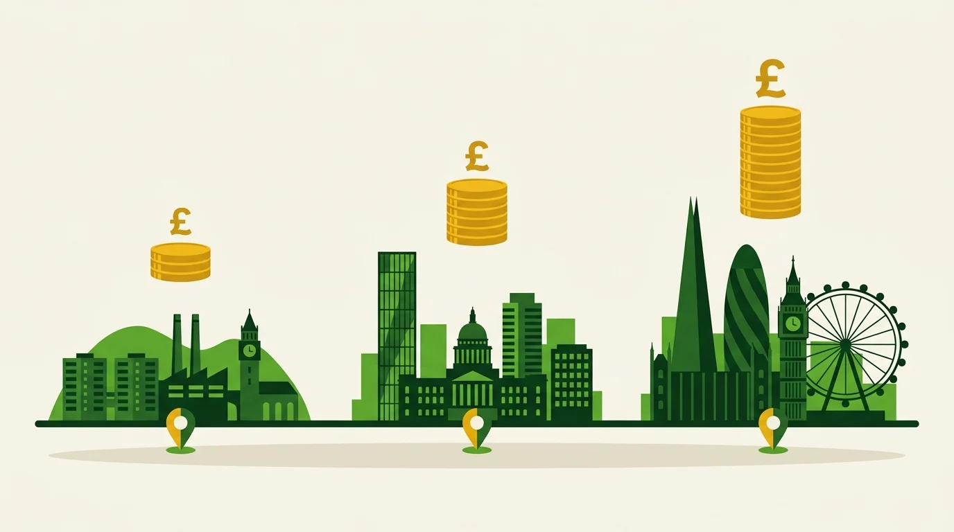 Three UK city skylines with increasing stacks of gold coins comparing SEO costs
